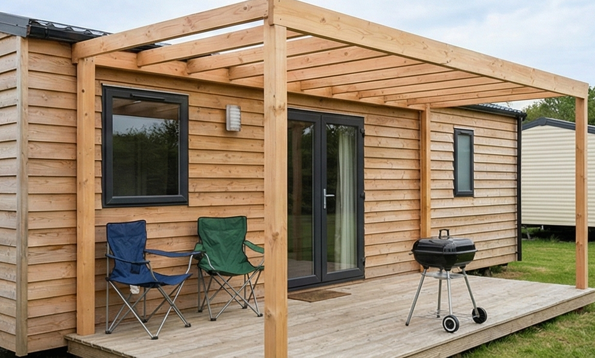 Moderne douglas veranda met houten vloer en BBQ